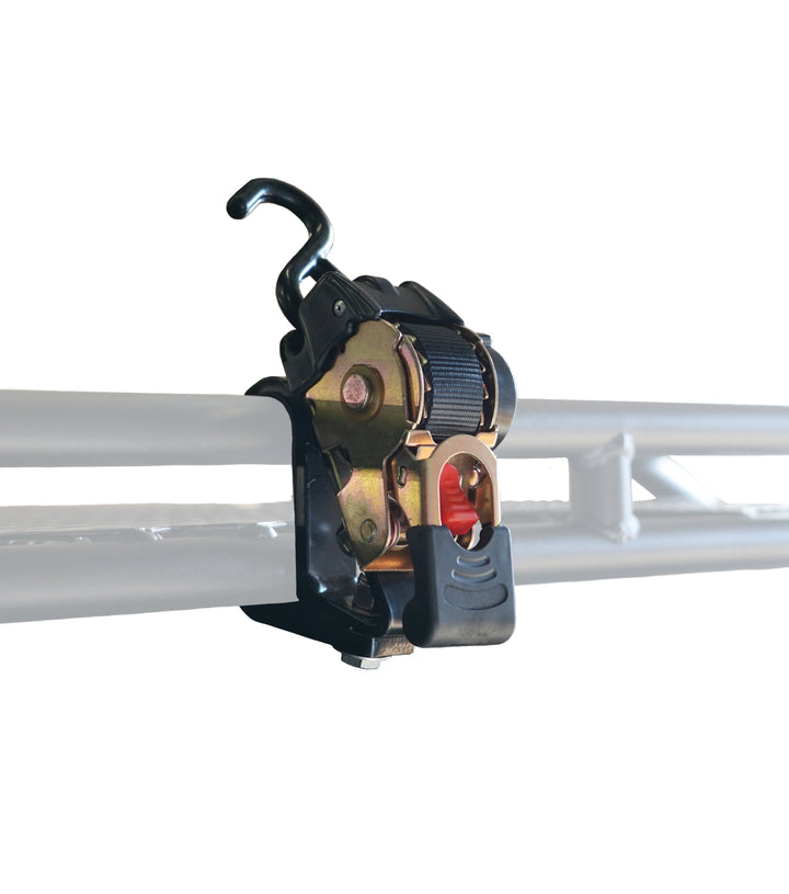 Close-up of the GOBI Tie Down System's delta hooks and ratchet straps, highlighting its robust construction and easy-to-use design