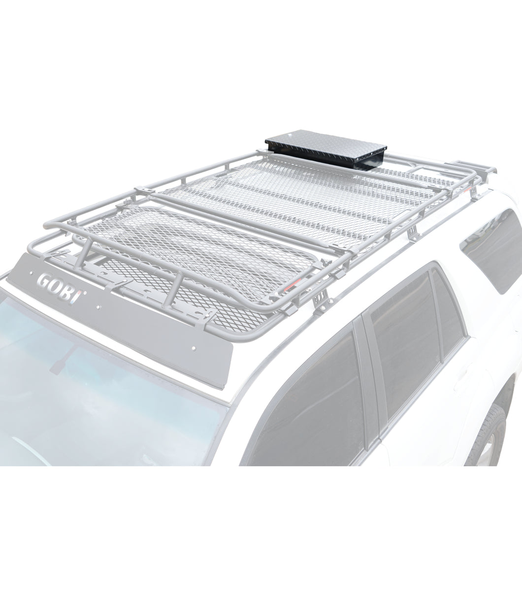 Overland-ready GOBI Stealth Rack with Large Tool Box, organized for tools, recovery gear, and expedition essentials