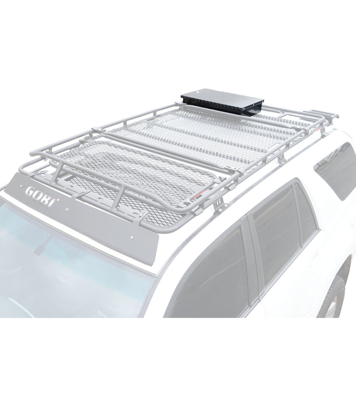 Overland-ready GOBI Stealth Rack with Large Tool Box, organized for tools, recovery gear, and expedition essentials