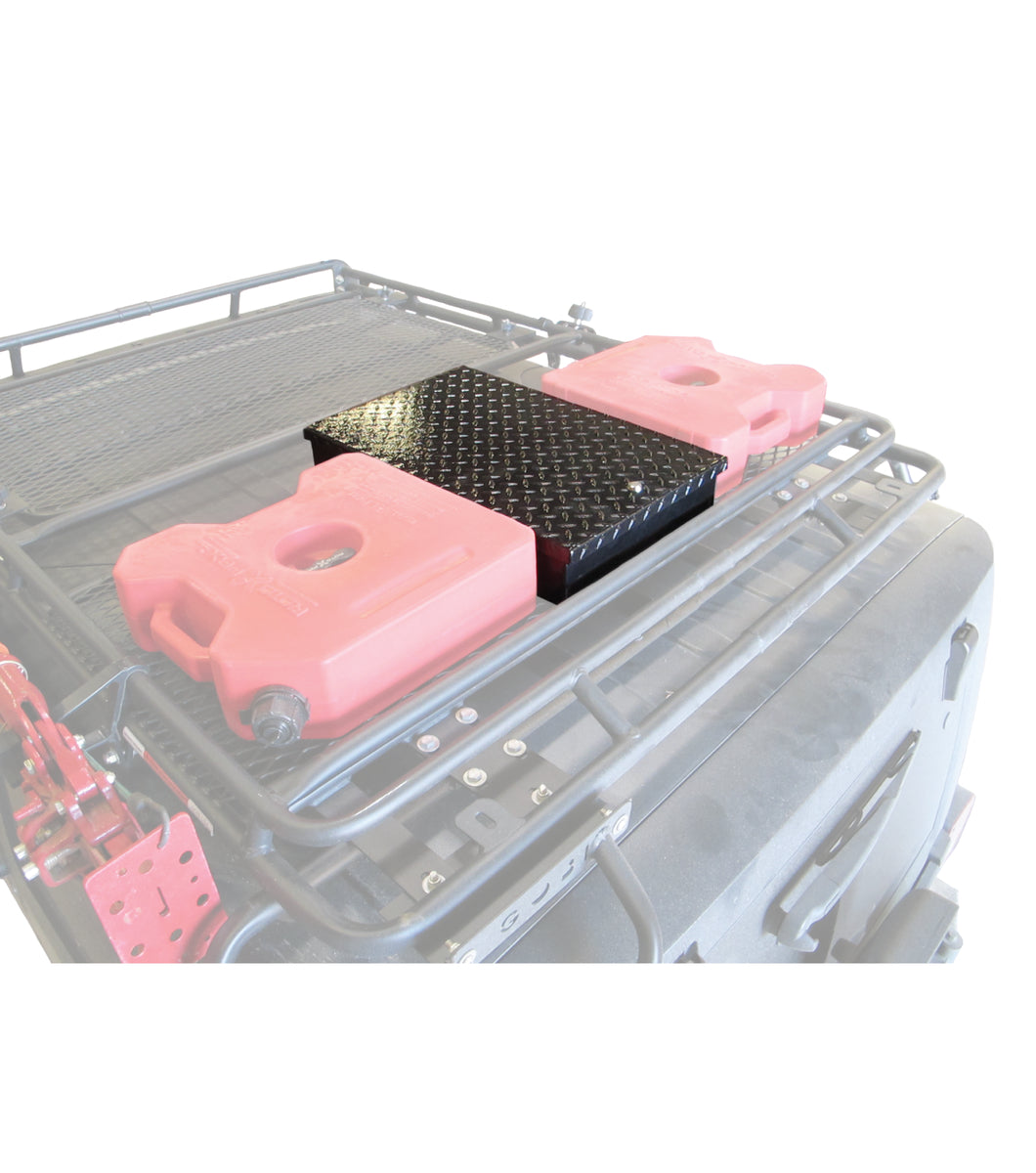 Overland-ready GOBI Stealth Rack with Large Tool Box, organized for tools, recovery gear, and expedition essentials
