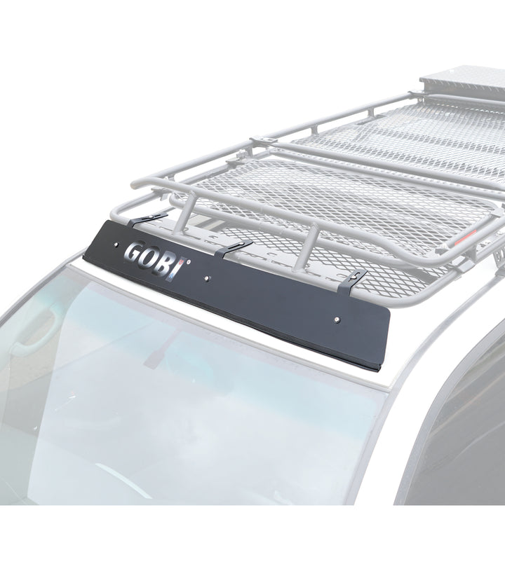 Close-up of black powder-coated GOBI Wind Deflector, highlighting corrosion-resistant finish and stainless hardware