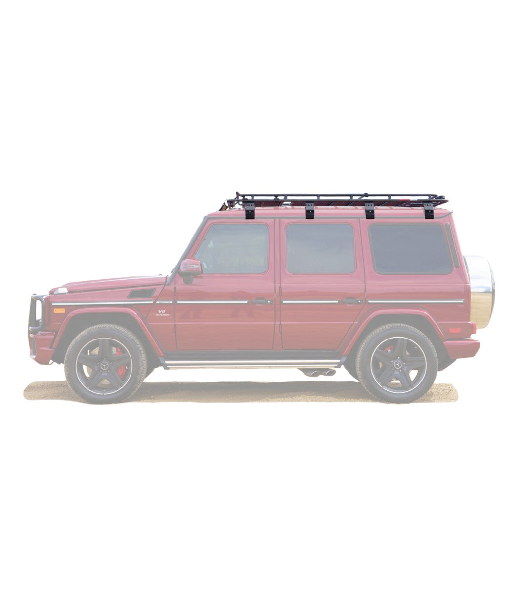 GOBI Stealth Rack installed on Mercedes G-Wagon (no sunroof), showcasing low-profile design and integrated lightbar mounts side view installed on red g wagon 