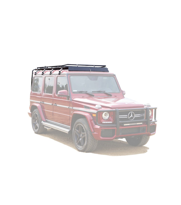 GOBI Stealth Rack installed on Mercedes G-Wagon (no sunroof), showcasing low-profile design and integrated lightbar mounts front right view installed on red g wagon 