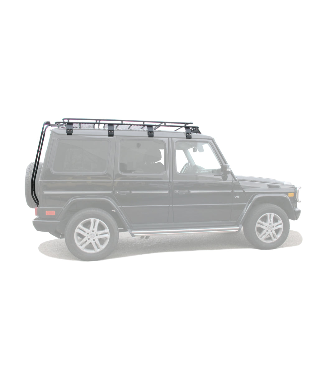 Close-up of GOBI’s traversable mesh platform and rear ladder, highlighting powder-coated finish side view 