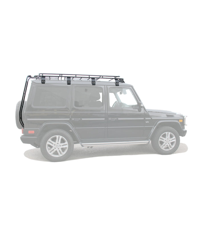 Close-up of GOBI’s traversable mesh platform and rear ladder, highlighting powder-coated finish side view 