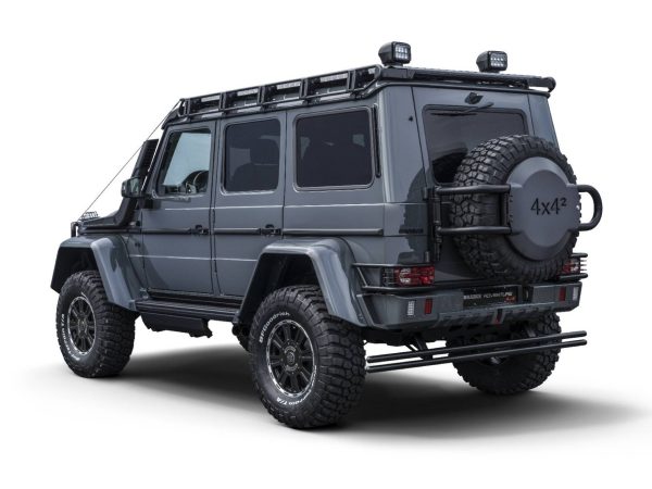 BRABUS Adventure Package Spare Wheel Carrier installed on a Mercedes-Benz G-Class 4x4², showcasing its rugged design and enhanced off-road readiness.