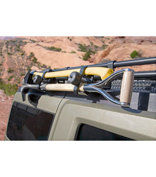 Mercedes G-Wagon with GOBI Stealth Rack and mounted tools, demonstrating expedition-ready organization