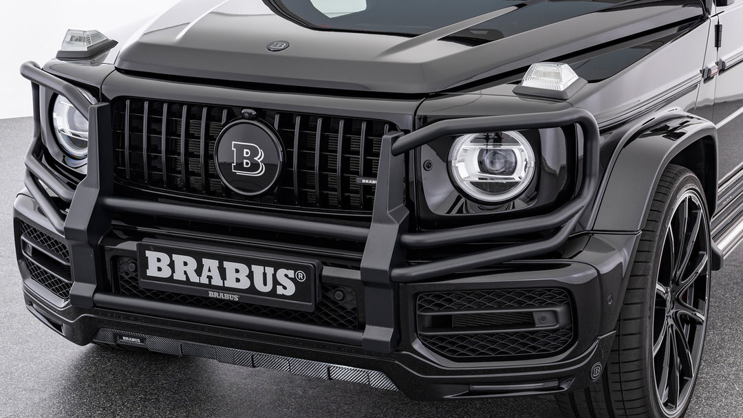 BRABUS Adventure Front Guard for Mercedes G-Class W463A, featuring a matte black finish and compatibility with the 360-degree camera