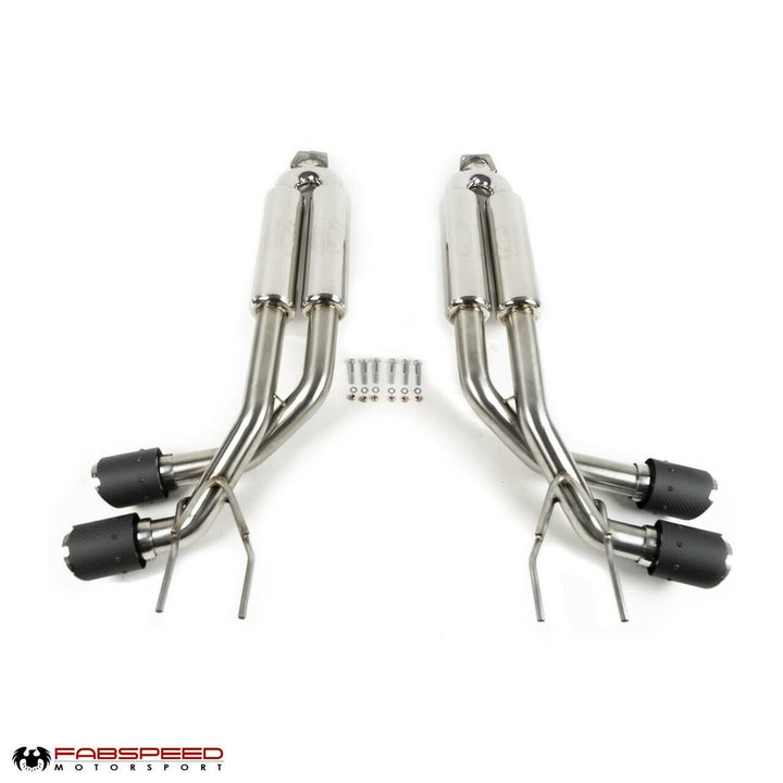 Fabspeed Maxflo performance exhaust system for Mercedes-AMG G63 (2015-2018) with quad carbon fiber tips, showcasing dyno-proven 22HP gain