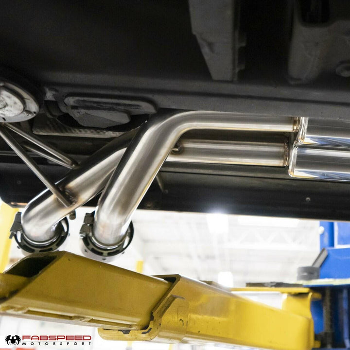 Fabspeed Maxflo cat-back exhaust installed on Mercedes-AMG G63 (W463), highlighting OEM-fit bolt-on design with dual Maxflo resonators