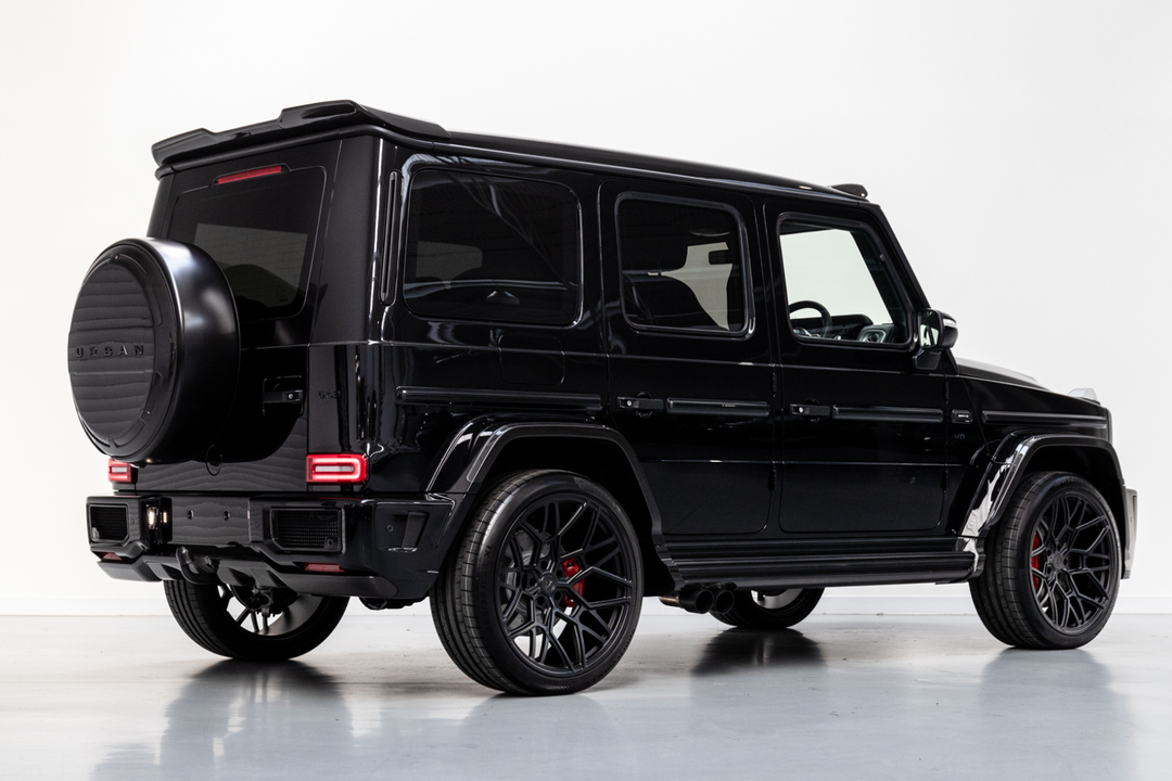 Urban Automotive carbon fiber rear spoiler mounted on Mercedes-AMG G63, enhancing aggressive rear styling