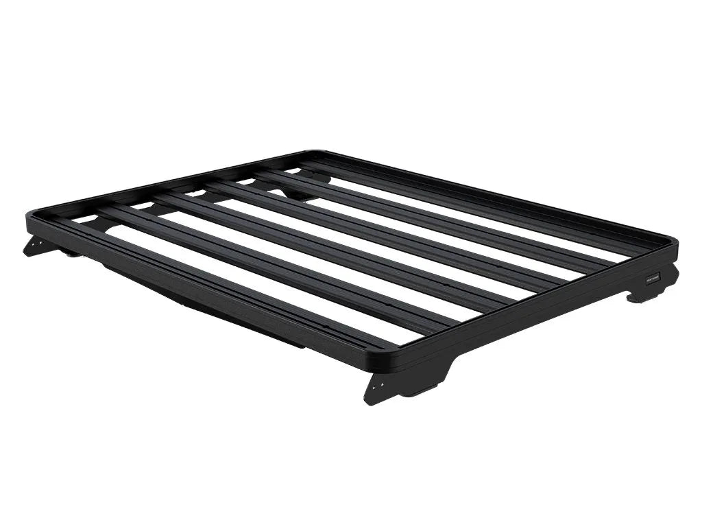Detail shot of Front Runner Slimline II rack foot rails and under-rack table storage on Mercedes-Benz G-Class SUV.