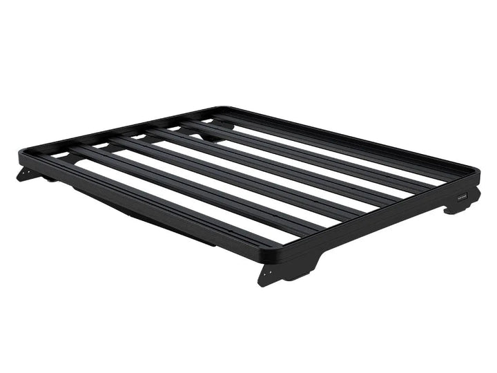 Detail shot of Front Runner Slimline II rack foot rails and under-rack table storage on Mercedes-Benz G-Class SUV.