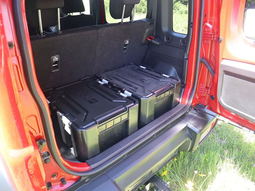 Front Runner Wolf Pack Pro storage bins stacked neatly to maximize garage and vehicle storage space.