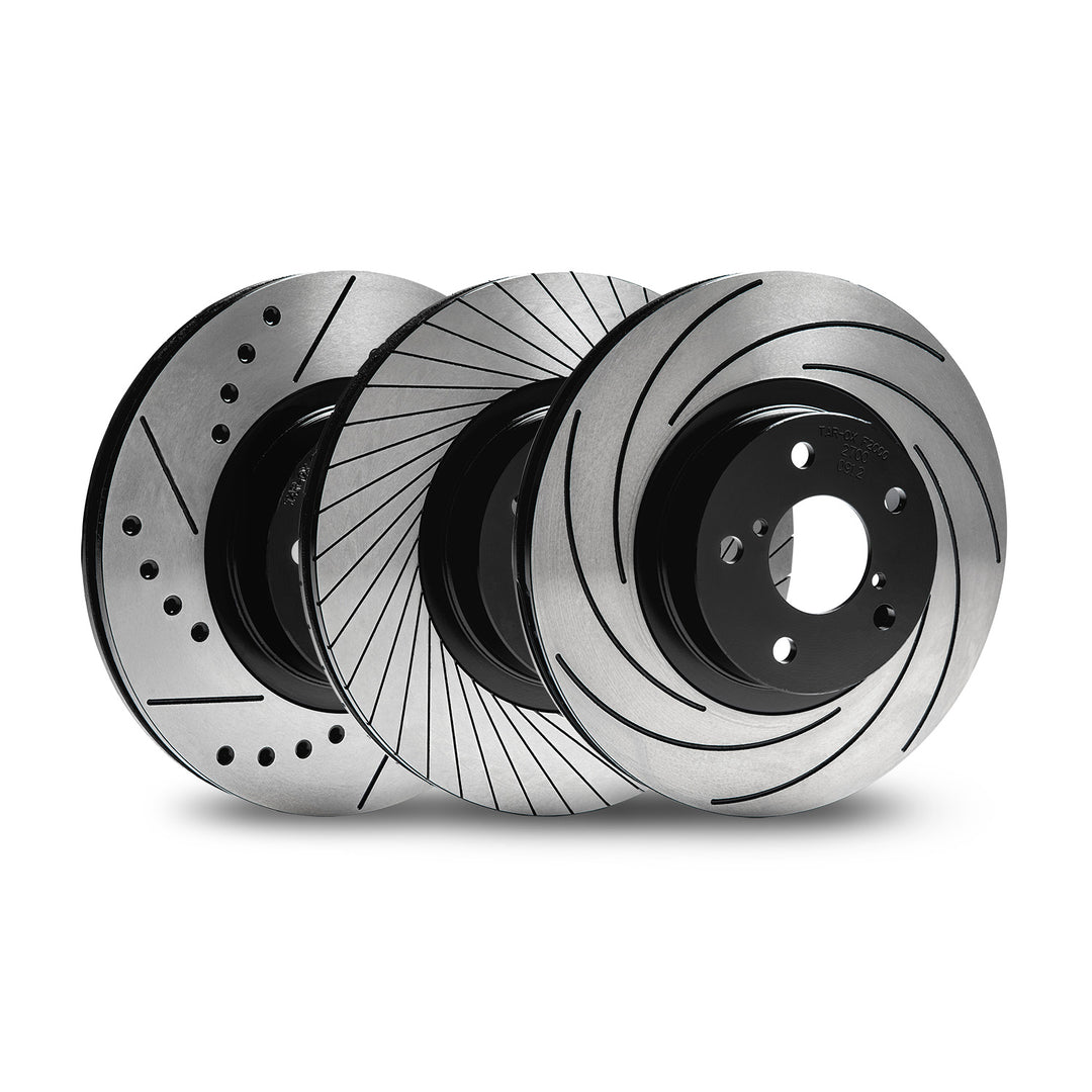 Tarox F2000, G88 and Sport Japan Front Brake Rotors for Mercedes G-Class G500 (W463) – Heat-Treated High-Carbon Castings with Precision Ground Surfaces. Three different rotors showcasing each design on a white background. 