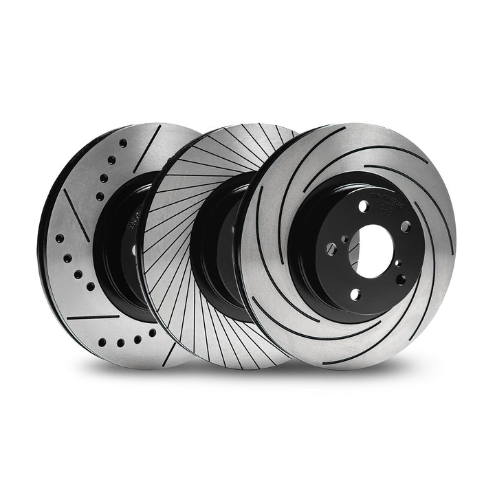 Tarox F2000, G88 and Sport Japan Front Brake Rotors for Mercedes G-Class G500 (W463) – Heat-Treated High-Carbon Castings with Precision Ground Surfaces. Three different rotors showcasing each design on a white background. 