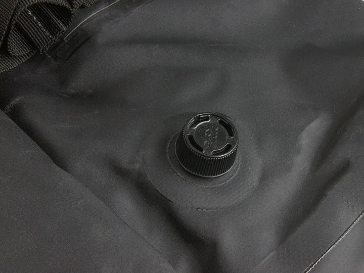 Detail of air-pressure release valve on Typhoon Bag, ensuring a watertight seal for all-weather protection.