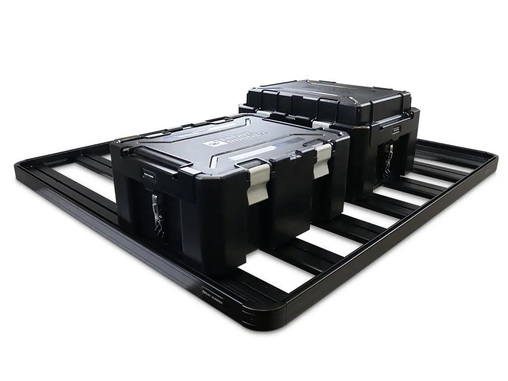 Versatile placement of Wolf Pack Pro mounting bracket securing container lengthwise on a Front Runner Slimline II rack.