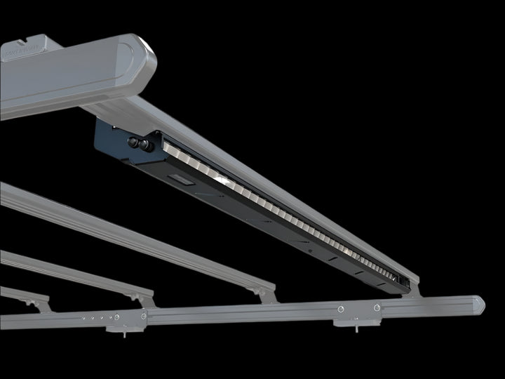 Front Runner LED Light Bar secured to a roof rack, showing intelligent reflector design that minimizes glare for oncoming traffic