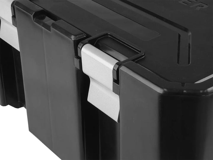 Durable Wolf Pack Pro storage container showing impact-resistant plastic and dust-resistant latching lid.