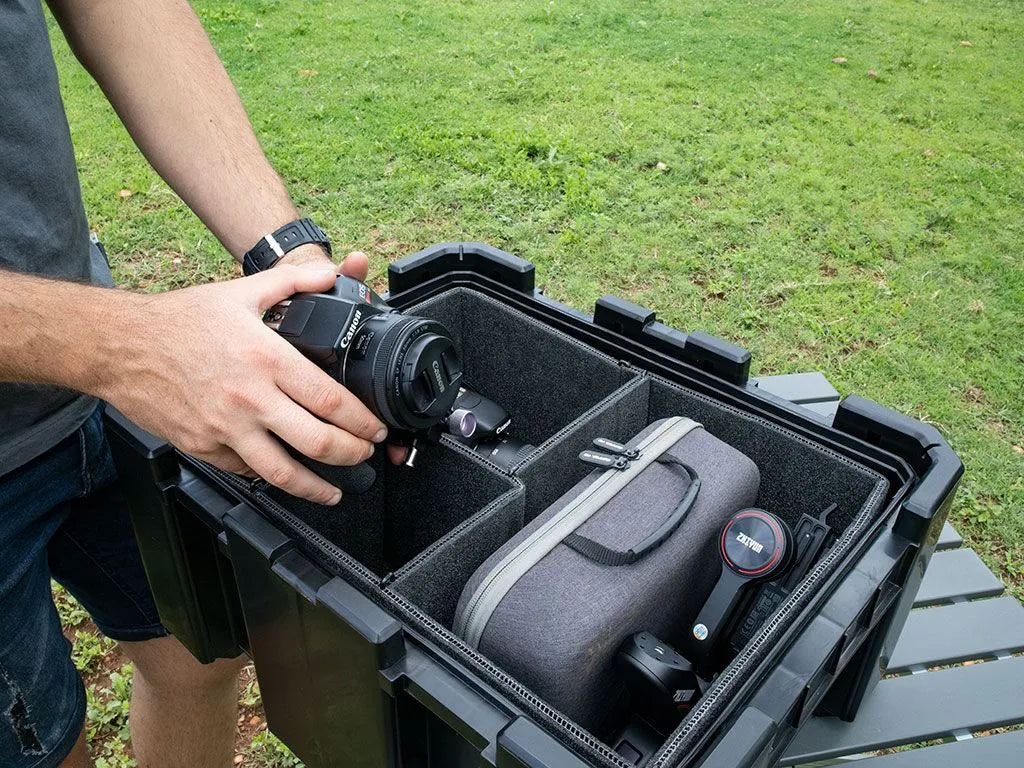 Storage Box Foam Dividers by Front Runner arranged inside a Wolf Pack Pro, protecting delicate camera gear and electronics