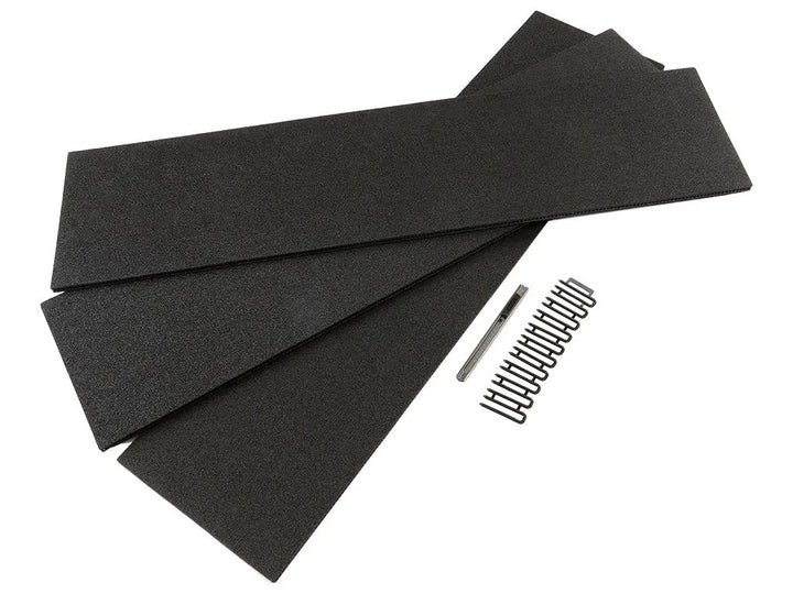 Set of three Front Runner Storage Box Foam Dividers displayed with plastic clips and utility knife on a clean surface