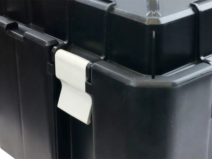 Durable black polypropylene Wolf Pack Pro Hi-Lid on storage box, perfect for organizing bulky gear and maximizing space.