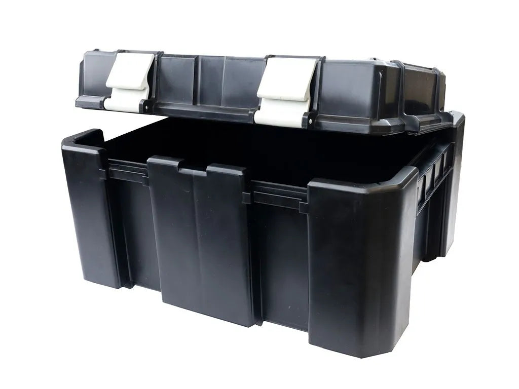 Front Runner Wolf Pack Pro Hi-Lid Kit showing stackable design with secure latches for water and dust resistance.