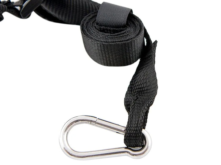 Stainless steel carabiner detail on a Stratchit tie-down, highlighting secure attachment and robust hardware