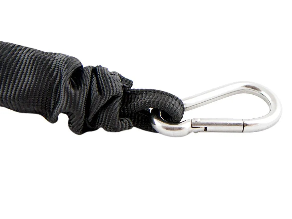 Stainless steel carabiner detail on a Stratchit tie-down, highlighting secure attachment and robust hardware