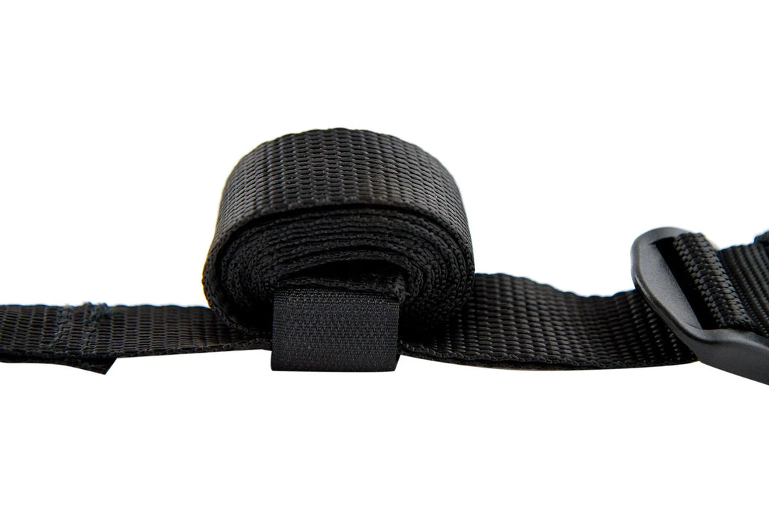 Stainless steel carabiner detail on a Stratchit tie-down, highlighting secure attachment and robust hardware